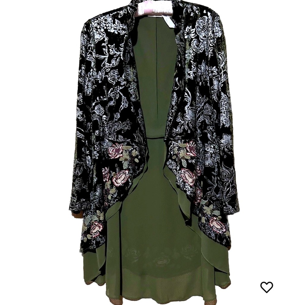 Chico’s Velvet Burnout Cardigan Size 0 Small Open Front Floral Boho Art Whimsy